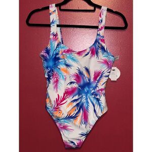 Decree Tropical Getaway Palm Print One Piece Swimsuit High Leg Cut Size S